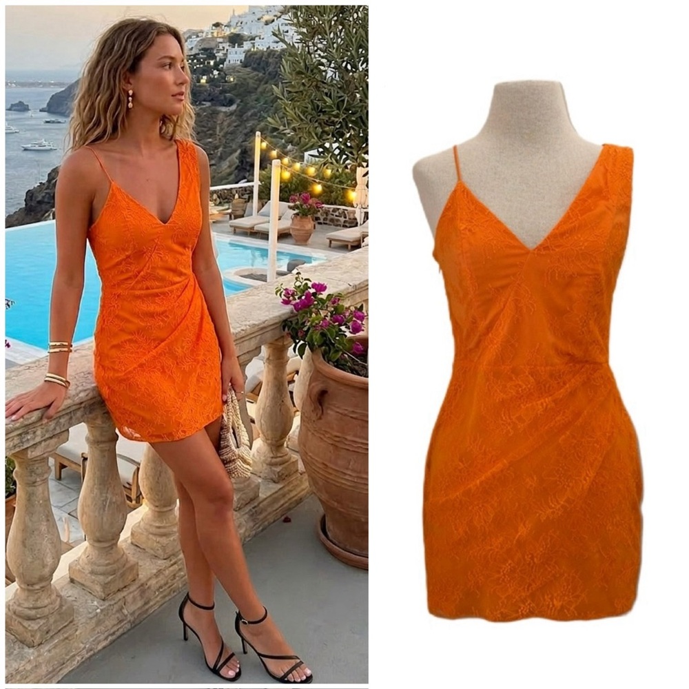 MICHAEL COSTELLO  X REVOLVE Orange Floral Lace Olivia Mini Dress Medium Resort